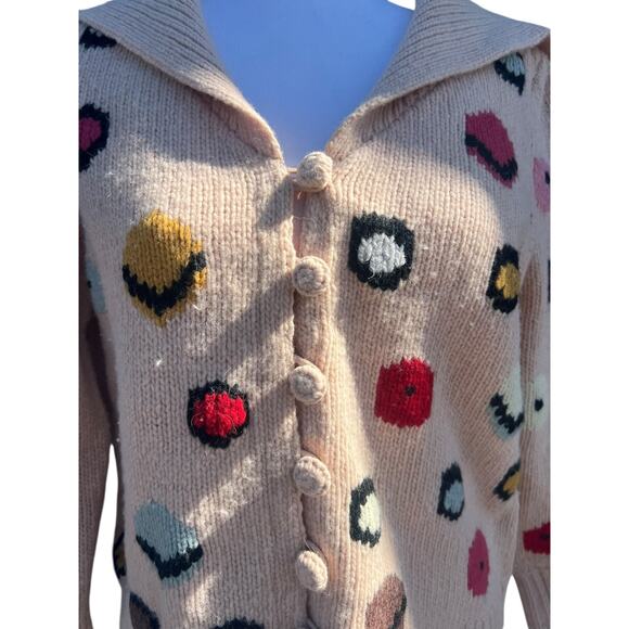 HWR Monogram Anthropologie Chocolate Box Cardigan Knit Beige Wool Blend Sz LARGE - Picture 8 of 10